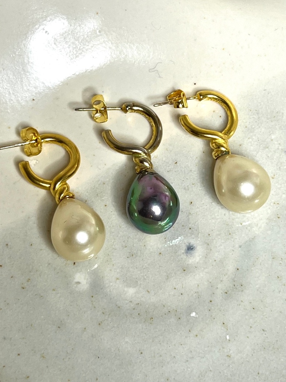 1984 MMA Venus Pearl Earrings • 14k Gold Plated Huggies, Princess Diana Style